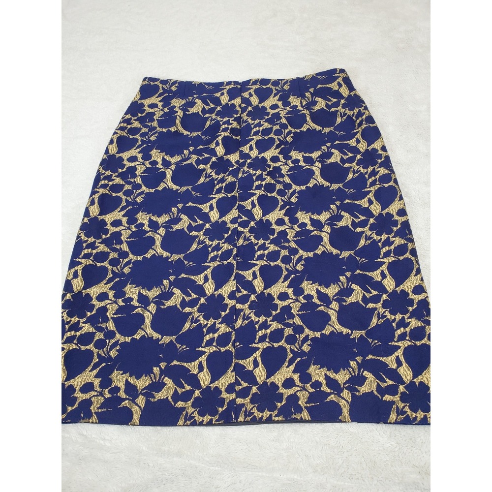 J. Crew Navy Blue Gold Metallic Floral Wool Blend Skirt 16 Tall Classic Office